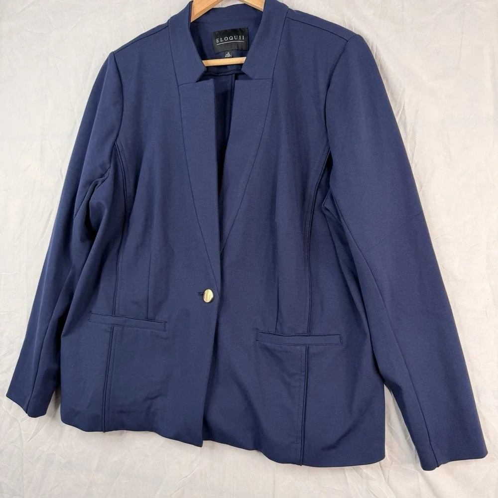 Eloquii Women's Size 18‎ One Button Blazer Jacket Navy Shoulder Pads. 66% Rayon